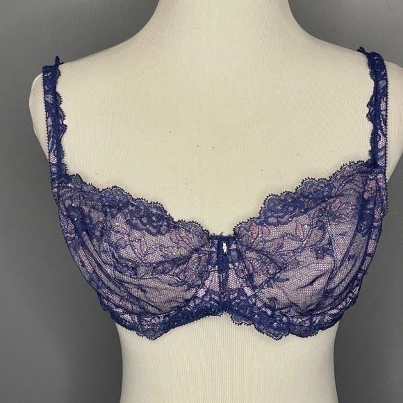 Victoria Secret blue lace rhinestone sheer underwire bra size 36C - Picture 1 of 8